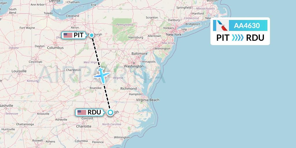 AA4630 American Airlines Flight Map: Pittsburgh to Raleigh-Durham
