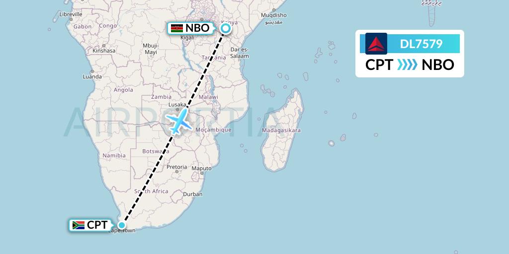 DL7579 Delta Air Lines Flight Map: Cape Town to Nairobi