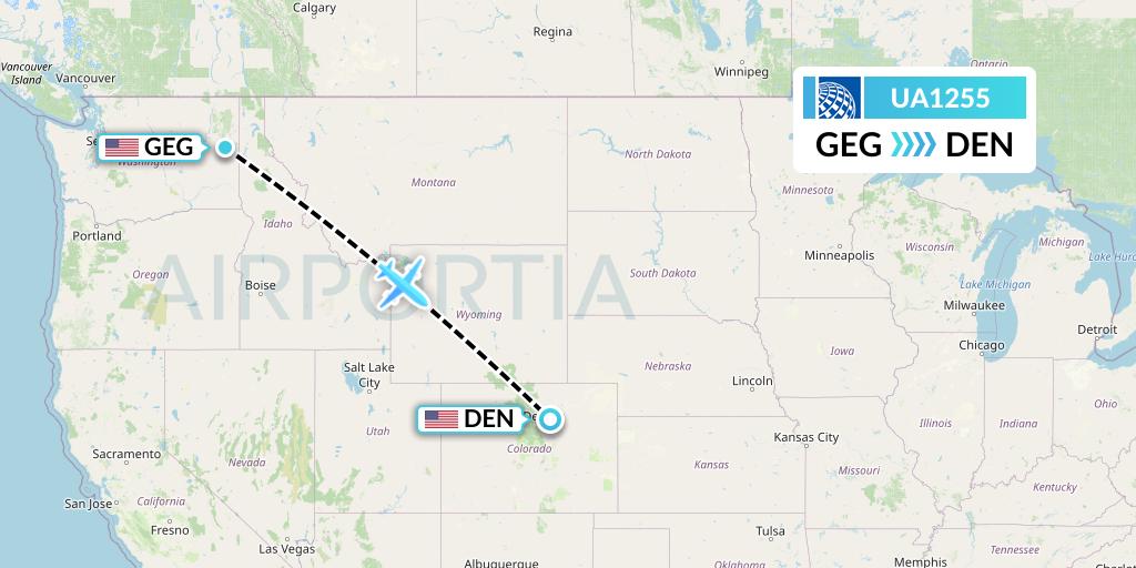 UA1255 United Airlines Flight Map: Spokane to Denver