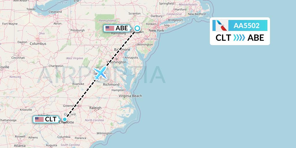 AA5502 American Airlines Flight Map: Charlotte to Allentown