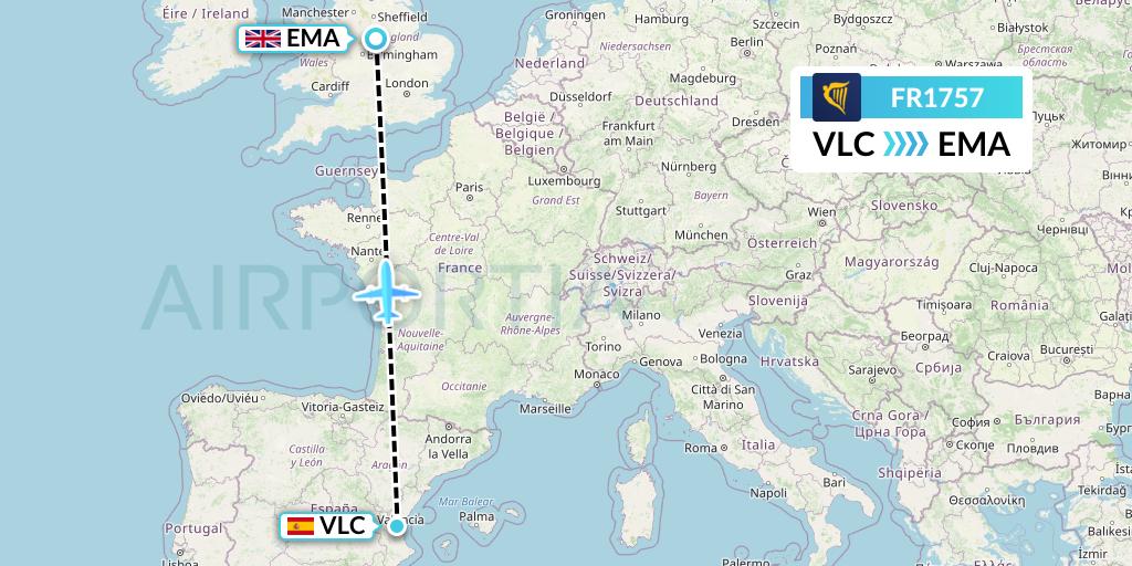 FR1757 Ryanair Flight Map: Valencia to East Midlands