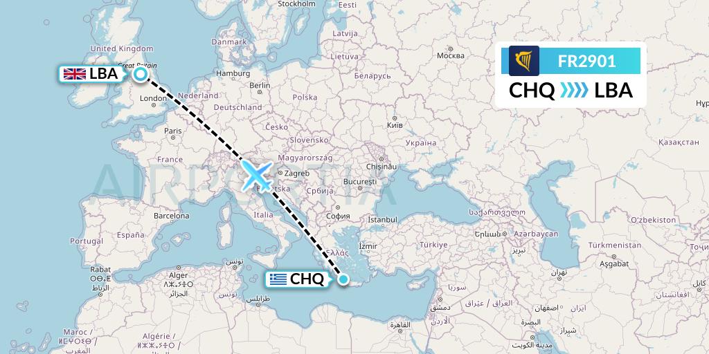 FR2901 Ryanair Flight Map: Chania to Leeds