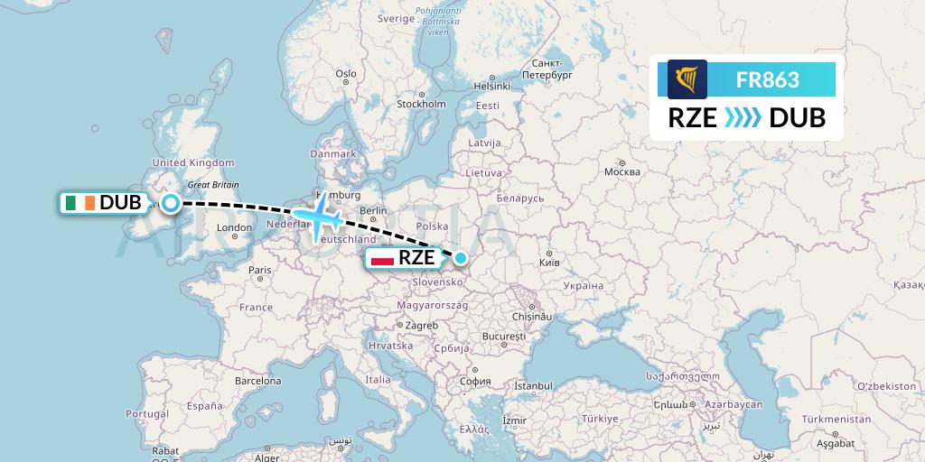 FR863 Ryanair Flight Map: Rzeszow to Dublin
