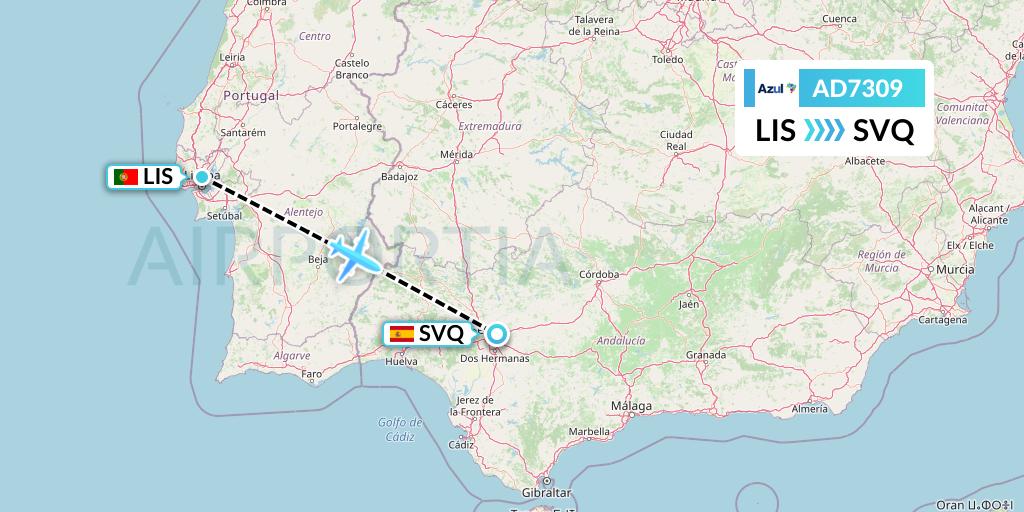AD7309 Azul Brazilian Airlines Flight Map: Lisbon to Seville