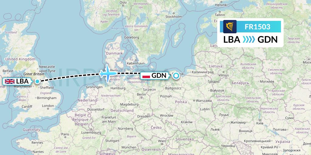 FR1503 Ryanair Flight Map: Leeds to Gdansk