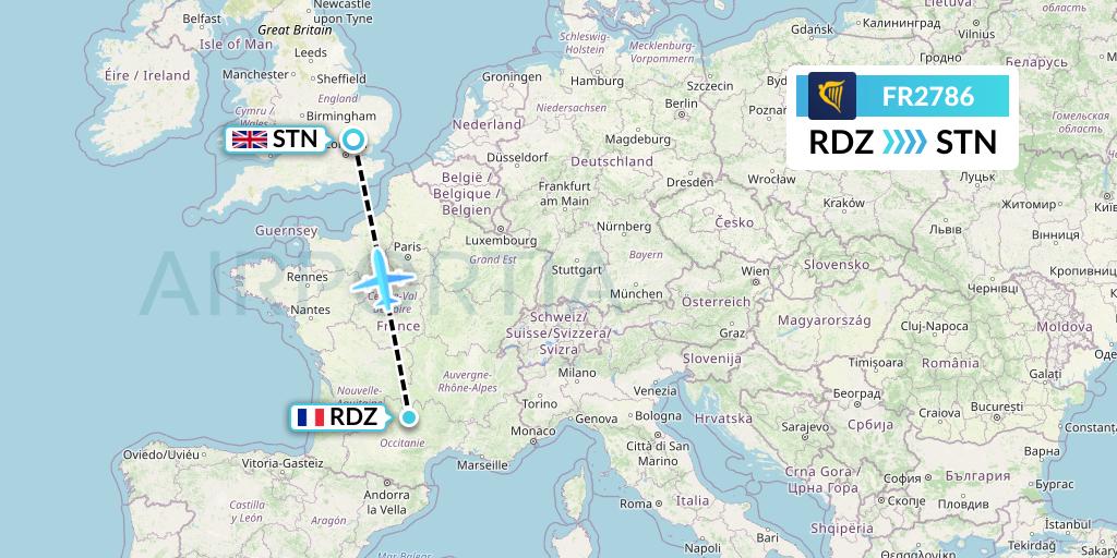 FR2786 Ryanair Flight Map: Rodez to London