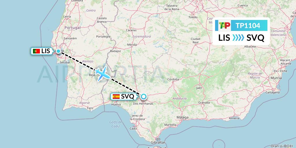 TP1104 TAP Portugal Flight Map: Lisbon to Seville