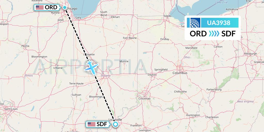 UA3938 United Airlines Flight Map: Chicago to Louisville