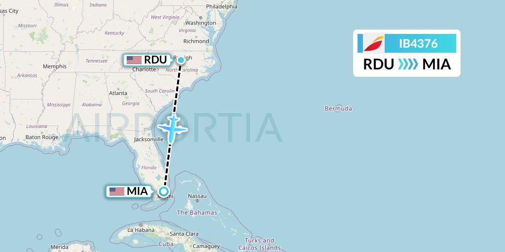 IB4376 Iberia Flight Map: Raleigh-Durham to Miami