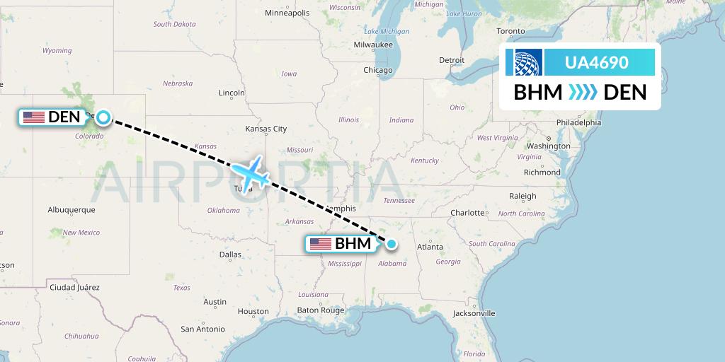 UA4690 United Airlines Flight Map: Birmingham to Denver