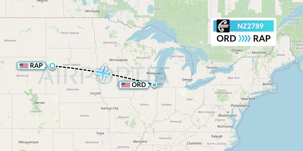 NZ2789 Air New Zealand Flight Map: Chicago to Rapid City