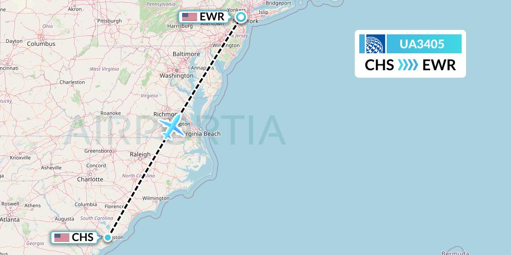 UA3405 United Airlines Flight Map: Charleston to New York