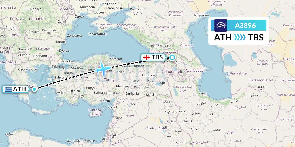 A3896 Aegean Airlines Flight Map: Athens to Tbilisi