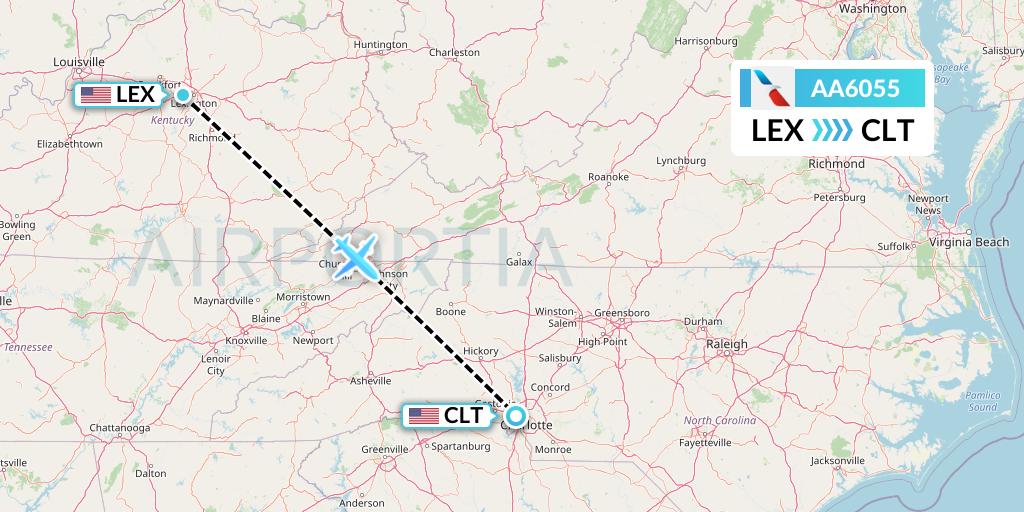 AA6055 American Airlines Flight Map: Lexington to Charlotte