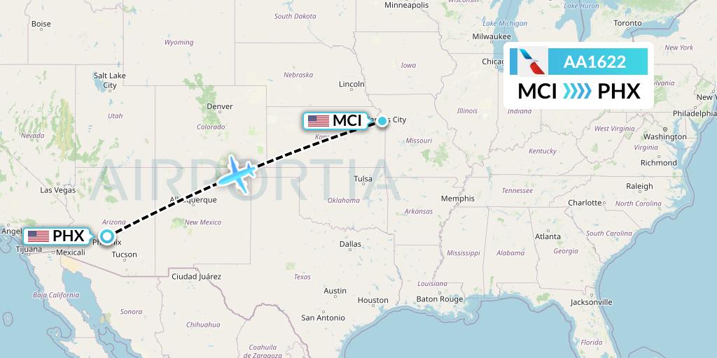 AA1622 American Airlines Flight Map: Kansas City to Phoenix