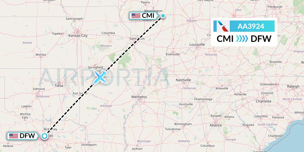 AA3924 American Airlines Flight Map: Champaign to Dallas