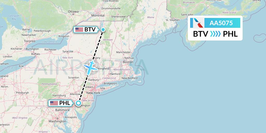AA5075 American Airlines Flight Map: Burlington to Philadelphia