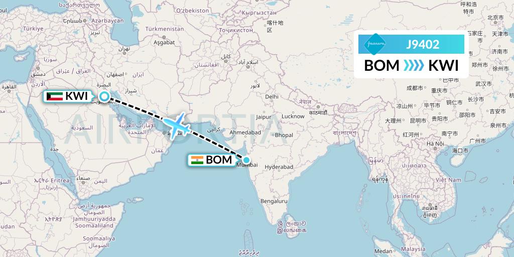 J9402 Jazeera Airways Flight Map: Mumbai to Kuwait City