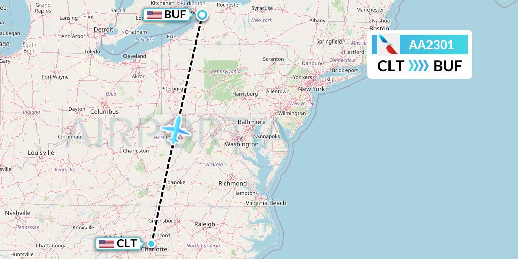 AA2301 American Airlines Flight Map: Charlotte to Buffalo