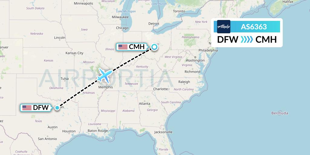 AS6363 Alaska Airlines Flight Map: Dallas to Columbus
