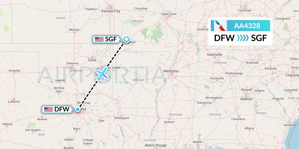 AA4328 American Airlines Flight Map: Dallas to Springfield