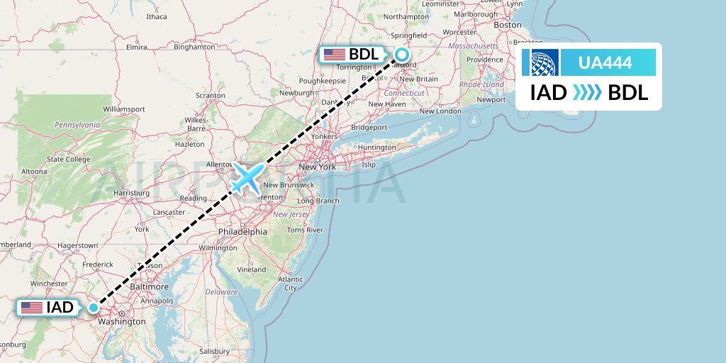 UA444 United Airlines Flight Map: Washington to Windsor Locks