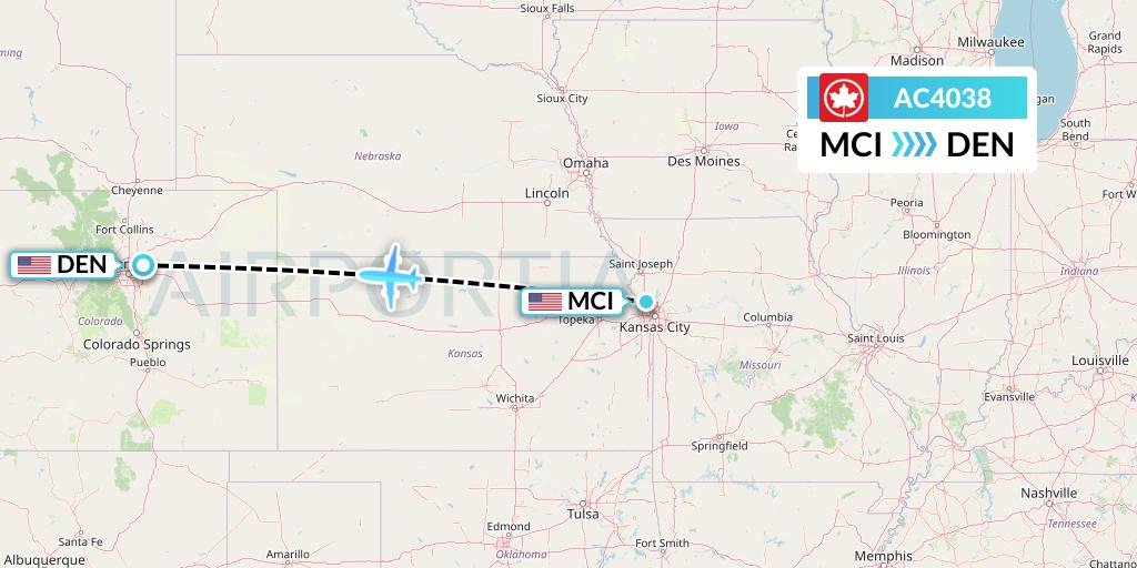 AC4038 Air Canada Flight Map: Kansas City to Denver