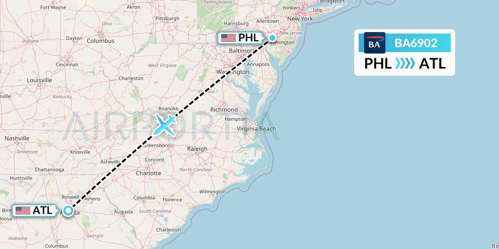 BA6902 British Airways Flight Map: Philadelphia to Atlanta