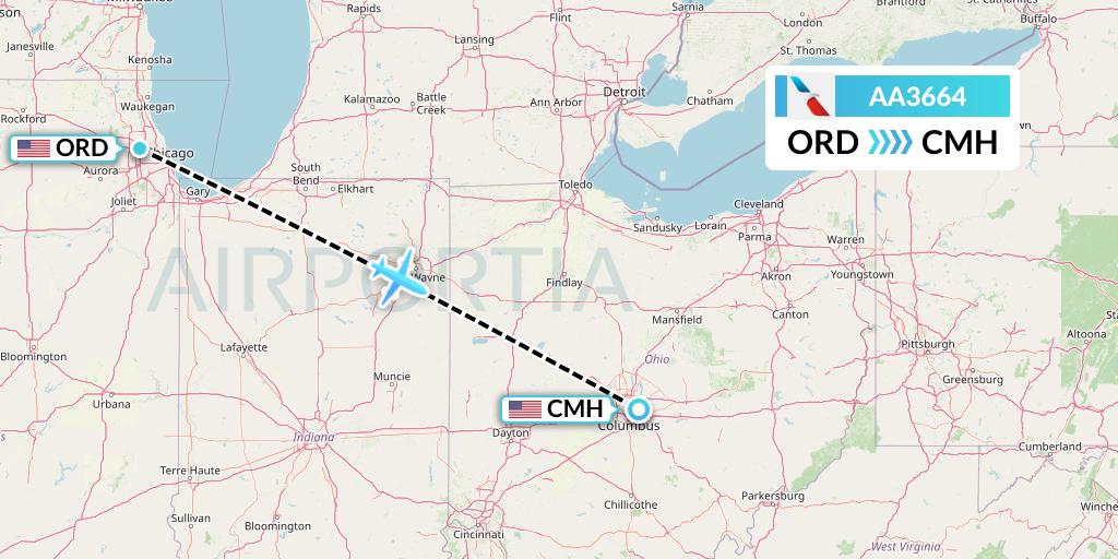 AA3664 American Airlines Flight Map: Chicago to Columbus