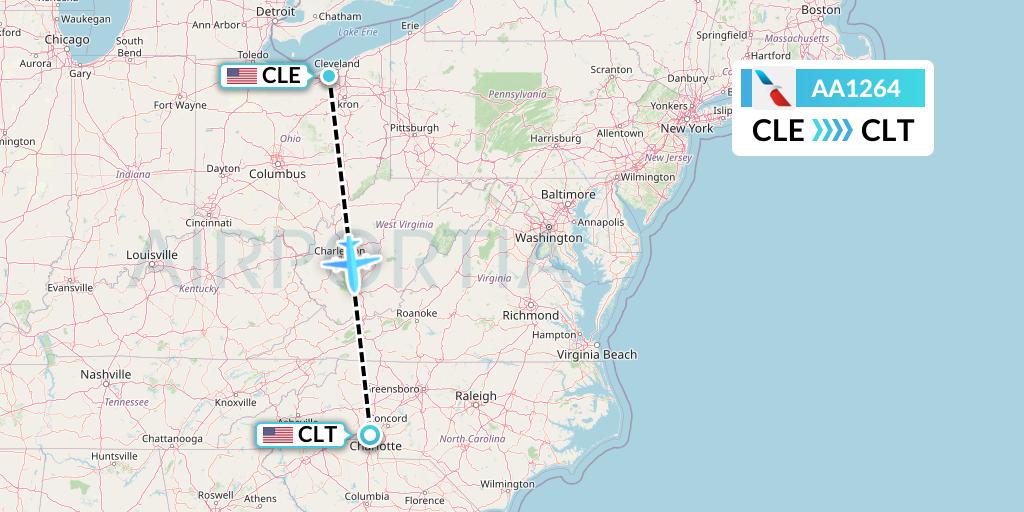 AA1264 American Airlines Flight Map: Cleveland to Charlotte