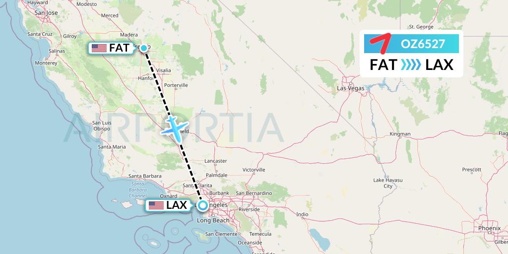 OZ6527 Asiana Airlines Flight Map: Fresno to Los Angeles