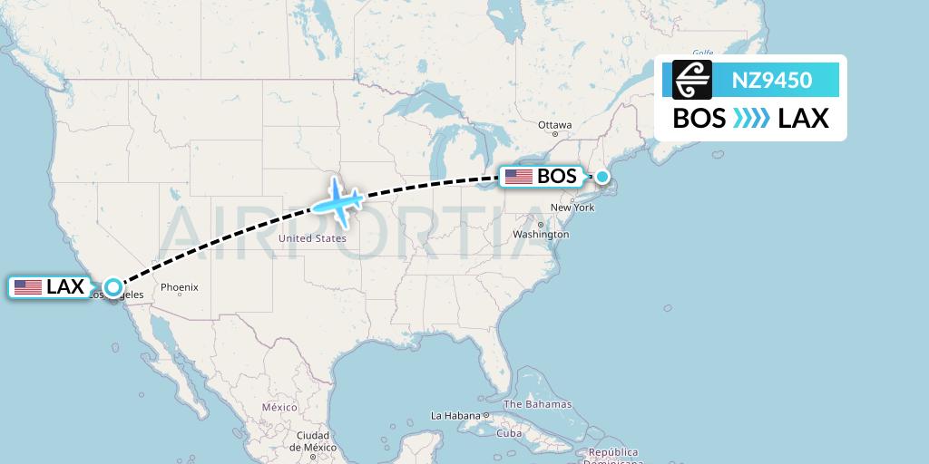 NZ9450 Air New Zealand Flight Map: Boston to Los Angeles
