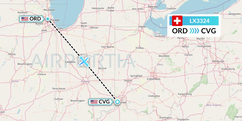 LX3324 Swiss Flight Map: Chicago to Cincinnati
