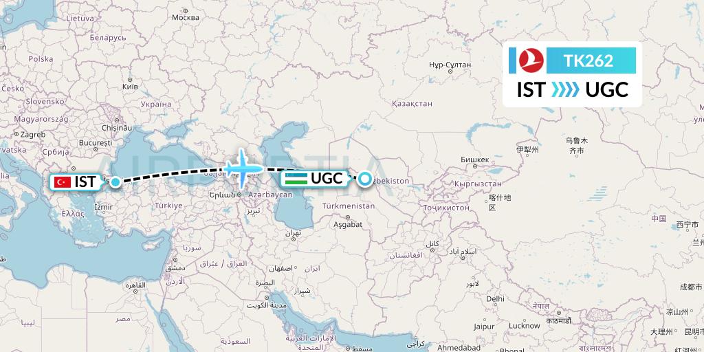 TK262 Turkish Airlines Flight Map: Istanbul to Urgench