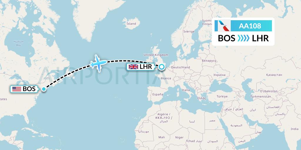 AA108 American Airlines Flight Map: Boston to London
