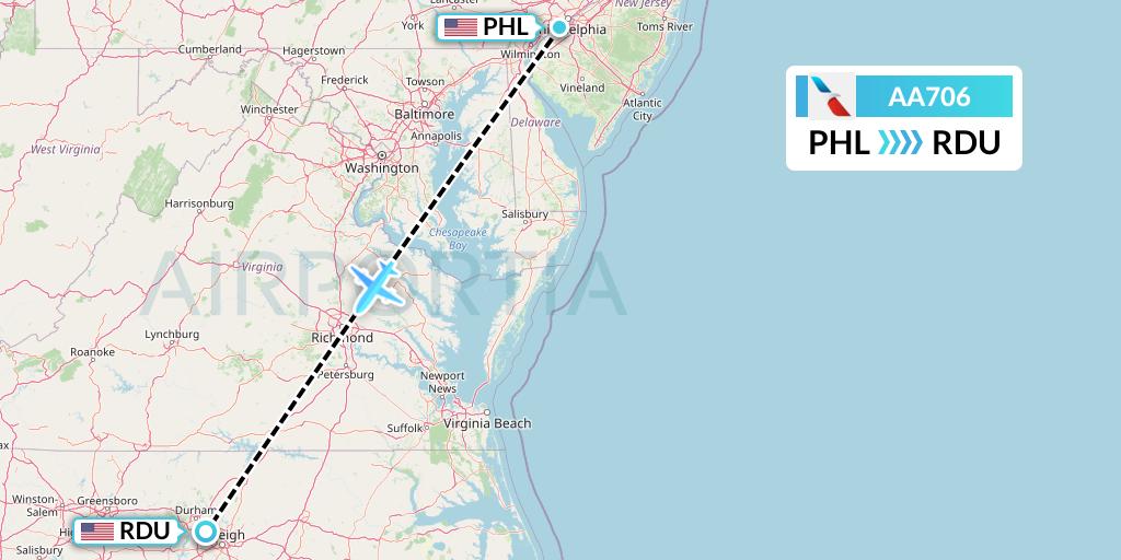 AA706 American Airlines Flight Map: Philadelphia to Raleigh-Durham