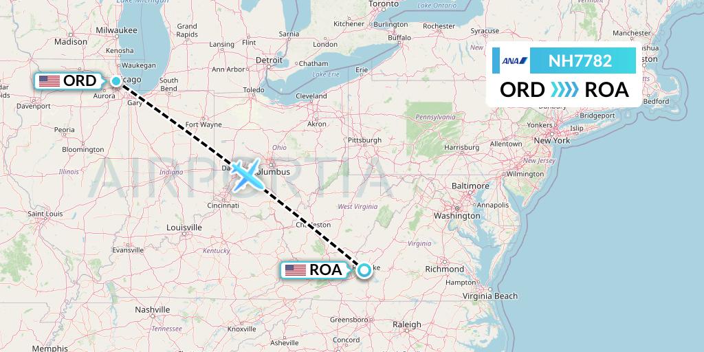 NH7782 All Nippon Airways Flight Map: Chicago to Roanoke