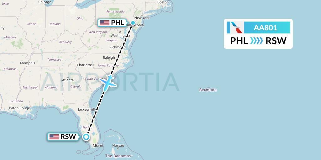AA801 American Airlines Flight Map: Philadelphia to Fort Myers