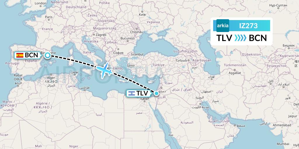 IZ273 Arkia Israeli Airlines Flight Map: Tel Aviv to Barcelona