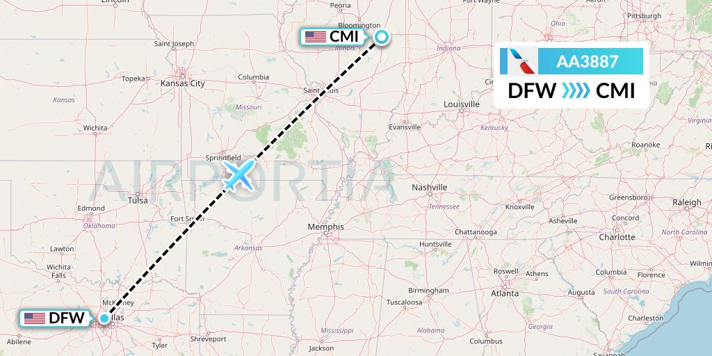 AA3887 American Airlines Flight Map: Dallas to Champaign