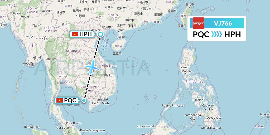 VJ766 VietJet Air Flight Map: Phu Quoc to Haiphong