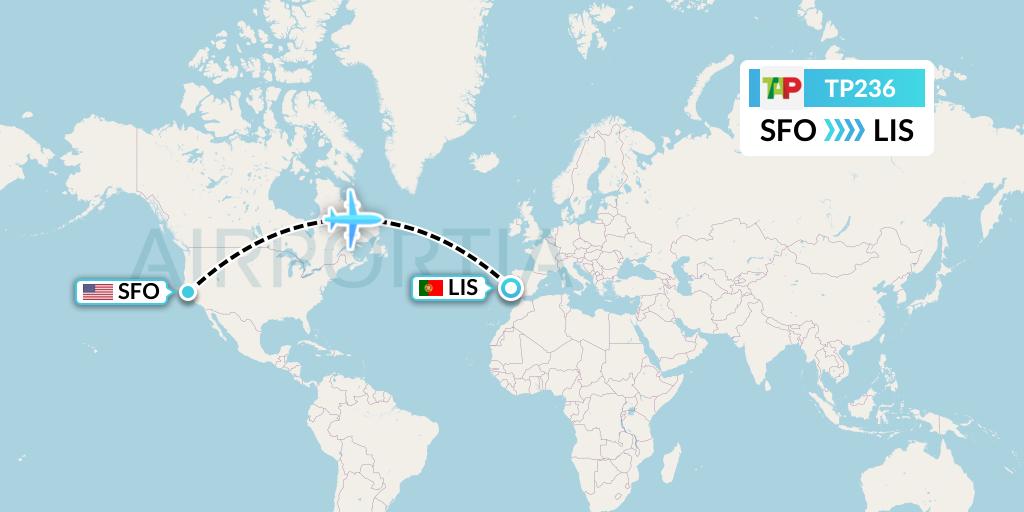 TP236 TAP Portugal Flight Map: San Francisco to Lisbon