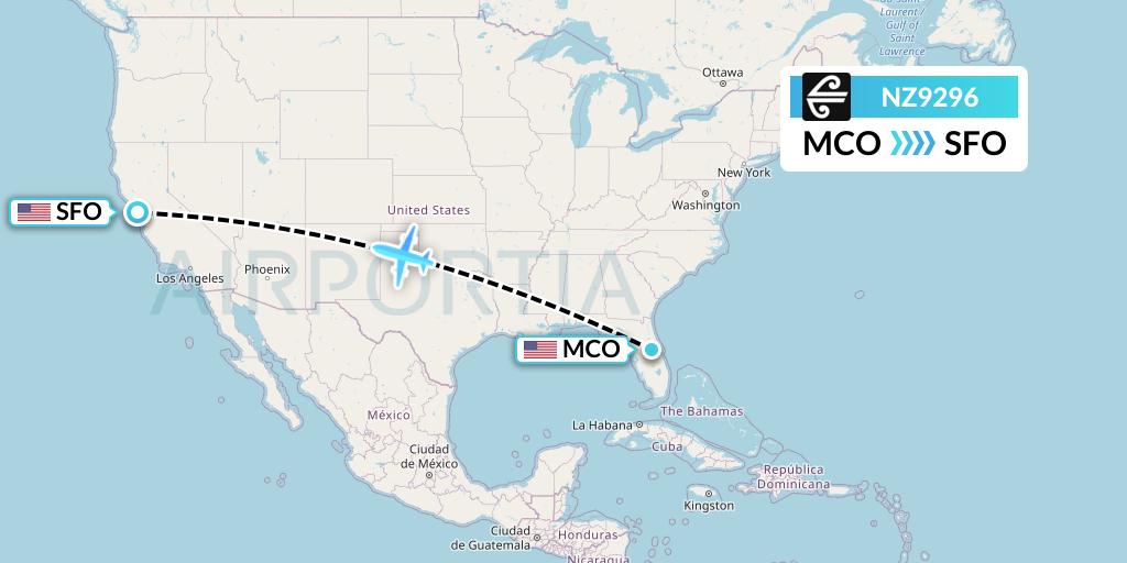 NZ9296 Air New Zealand Flight Map: Orlando to San Francisco