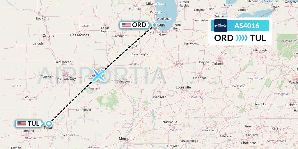 AS4016 Alaska Airlines Flight Map: Chicago to Tulsa