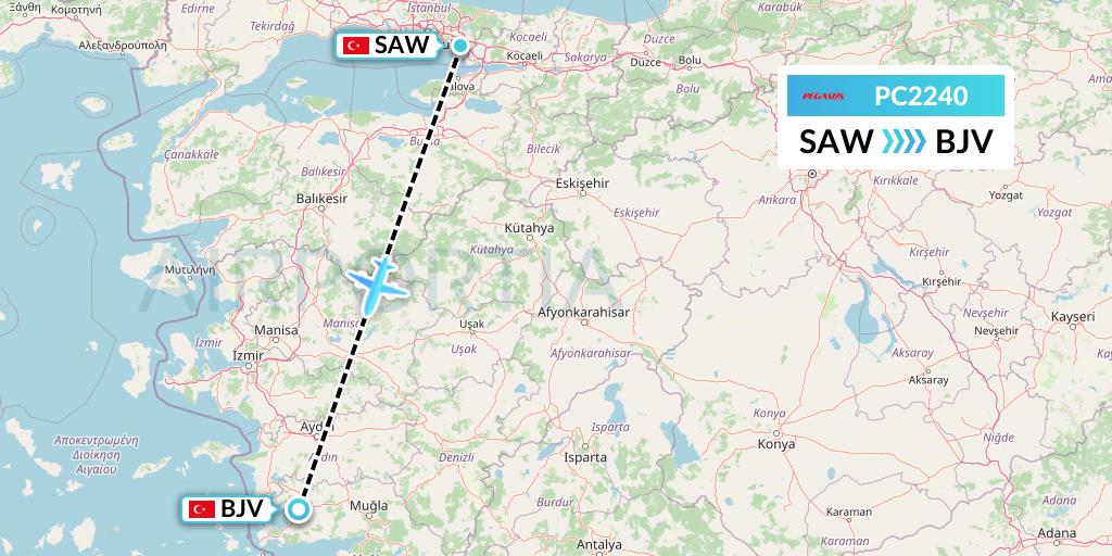 PC2240 Pegasus Airlines Flight Map: Istanbul to Bodrum