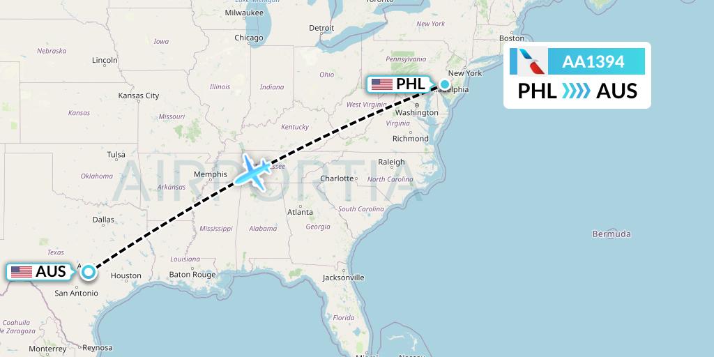 AA1394 American Airlines Flight Map: Philadelphia to Austin