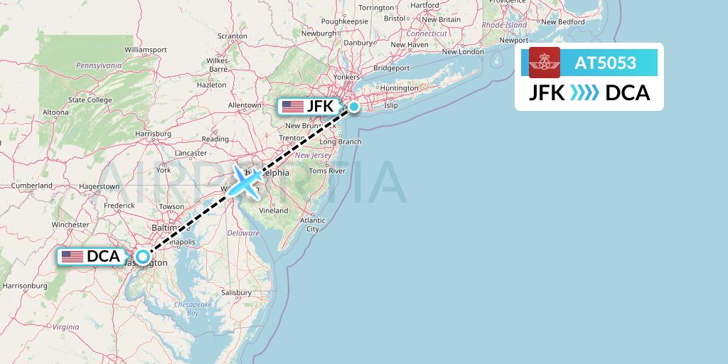 AT5053 Royal Air Maroc Flight Map: New York to Washington