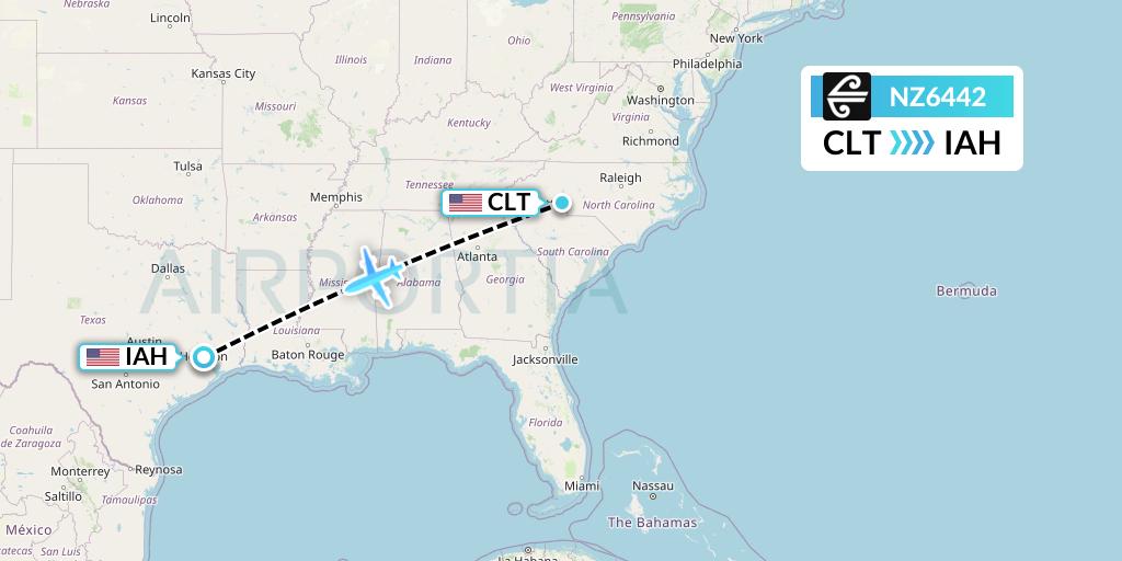 NZ6442 Air New Zealand Flight Map: Charlotte to Houston