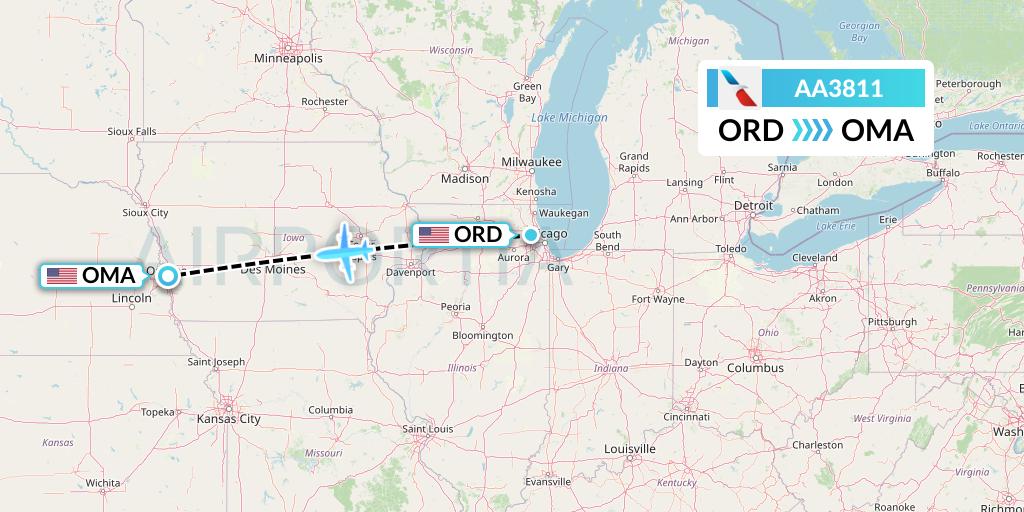 AA3811 American Airlines Flight Map: Chicago to Omaha