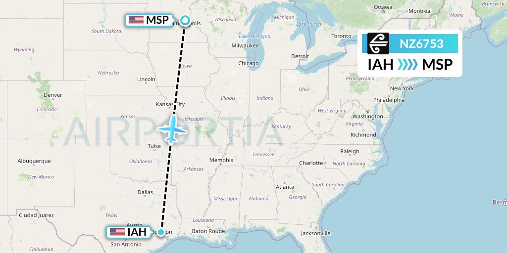 NZ6753 Air New Zealand Flight Map: Houston to Minneapolis